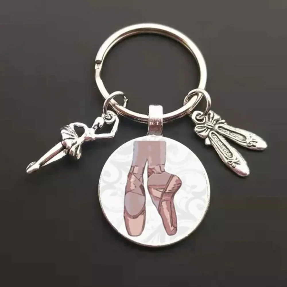 Silver Ballet Dance Pendant Cabochon Ballerina Circle Key Ring Key Holder Gift